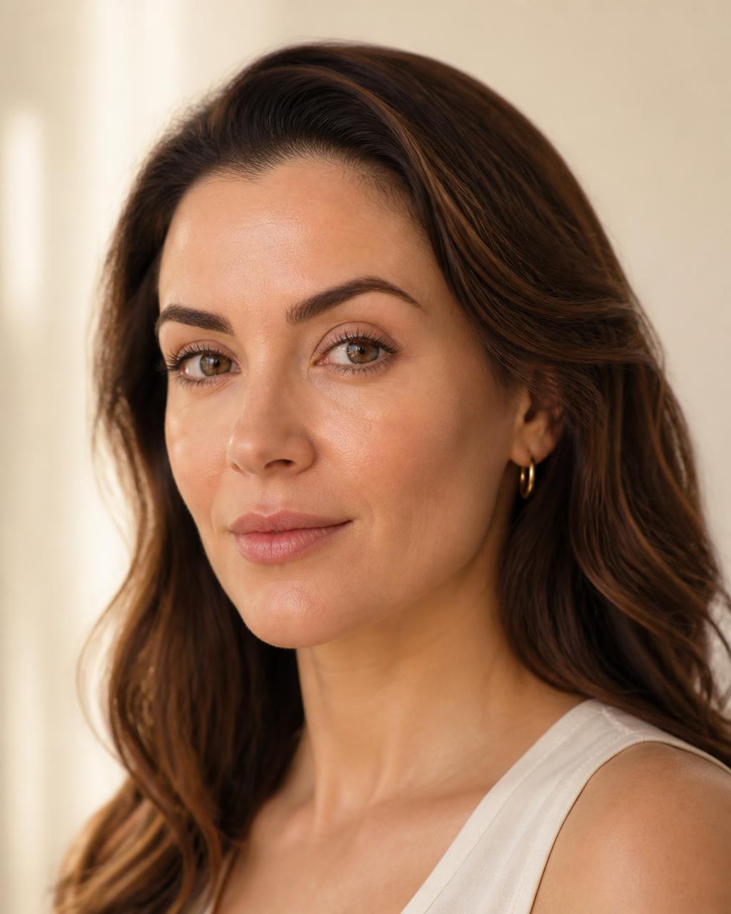 Editorial three-quarter portrait showing balanced, natural facial features in soft daylight
