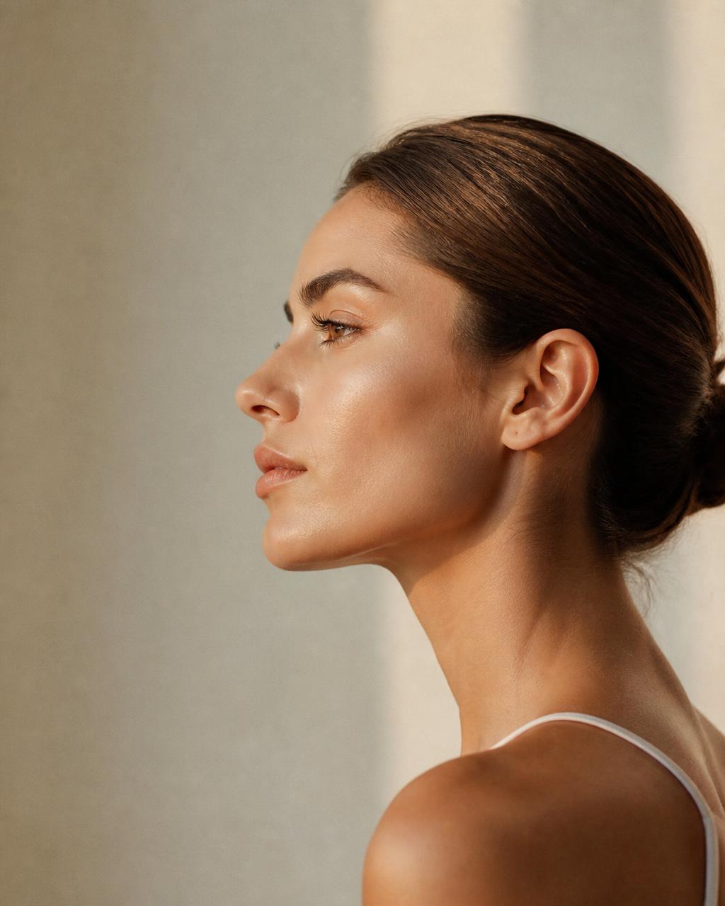 Editorial side profile photograph emphasising the jawline and neck