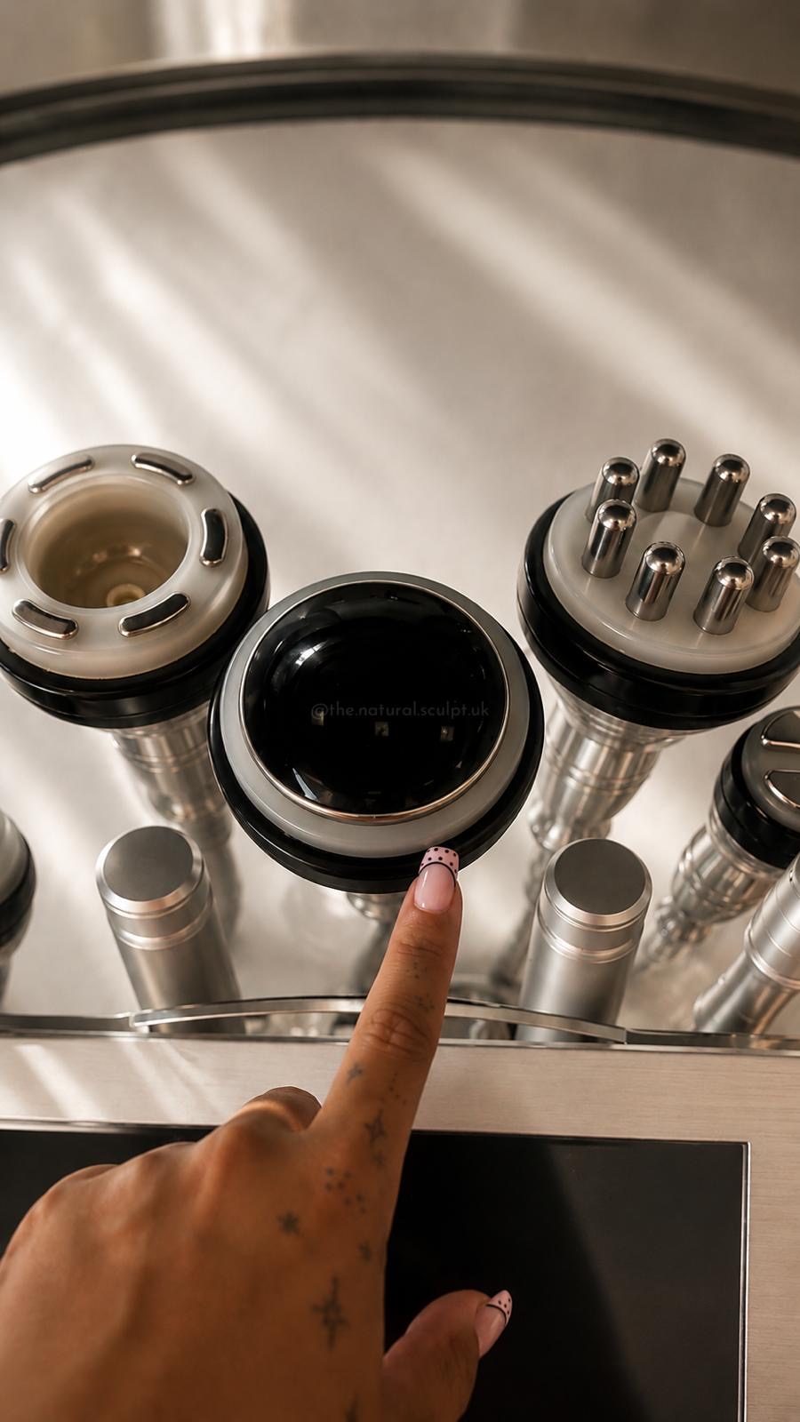 Close-up of treatment device applicator heads used in recovery and sculpting sessions